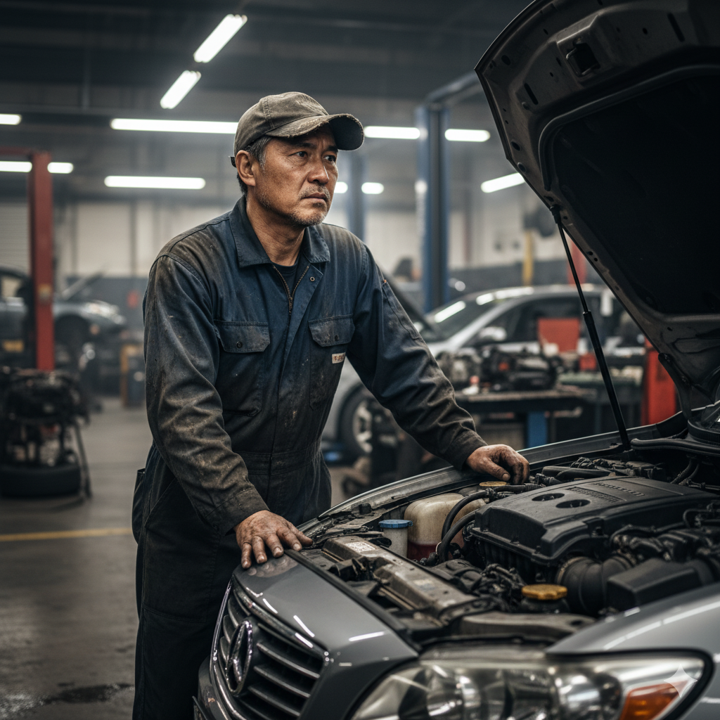 修理工場でスタッフと話す担当者